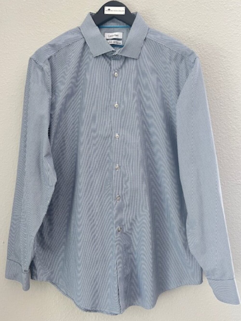 Calvin Klein Slim Fit Non Iron Dress Shirt Blue Micro Check Mens 17.5 34/35
